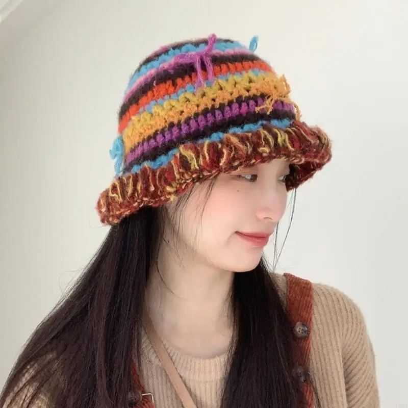 P88A لطيف القوس دلو قبعة Handcrochet محبوك قوس قزح مخطط بيني قبعة الصيد