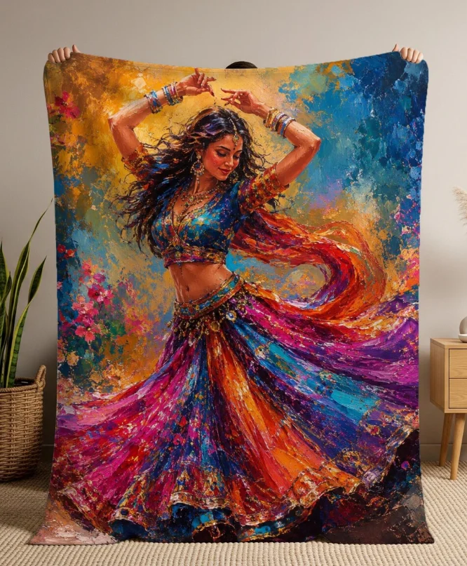 Colorful Belly Dancer Painting Velveteen Blanket  Vibrant Bohemian Dance Art Throw Blankets