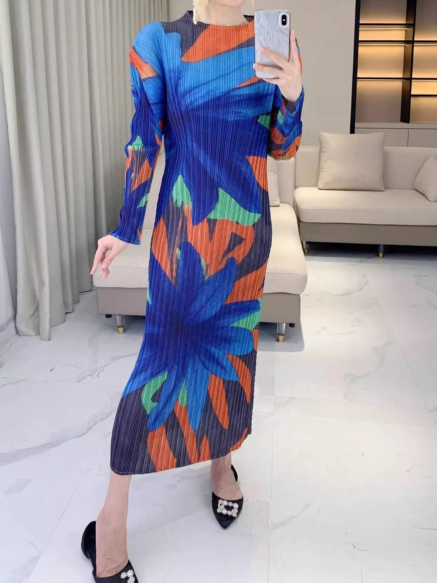 

Miyake Pleated Floral Shirt Spring and Autumn New Style 2025 Fashionable Versatile Fashion Long Sleeved Slimming Casual Dress