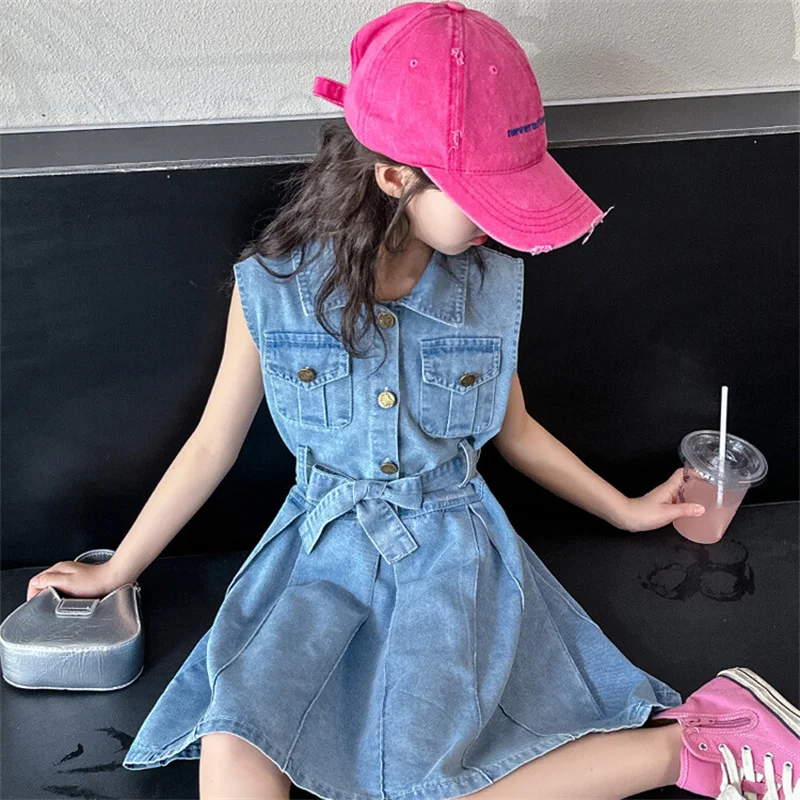 Girls Summer Dress New CuHK Kids Korean chic denim skirt sleeveless trend for little girls 6-12 years old