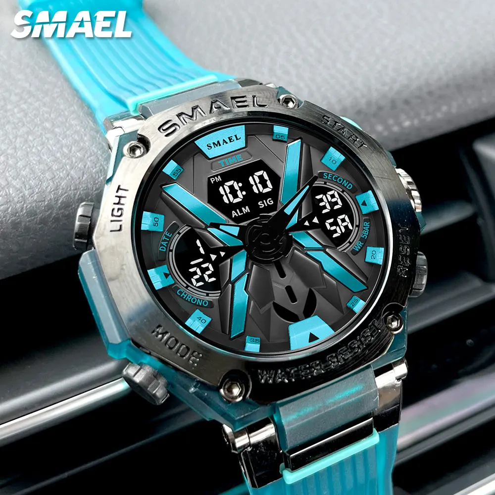 SMAEL Blue Sport Electronic Watch for Men Digital Quartz Dual Time Wristwatch with Auto Date Week Alarm Chronograph Waterproof