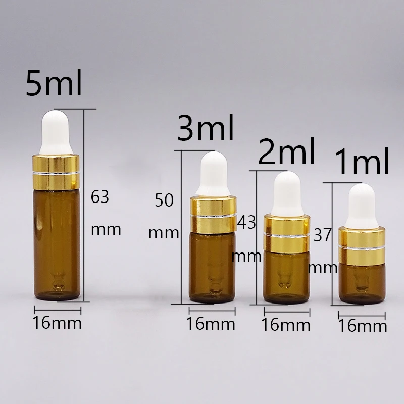 10x 1ml 2ml 3ml 5ml Amber Brown Glass Oil Bottles Gold Dropper Cap Eye Dripper Sample Mini Vials