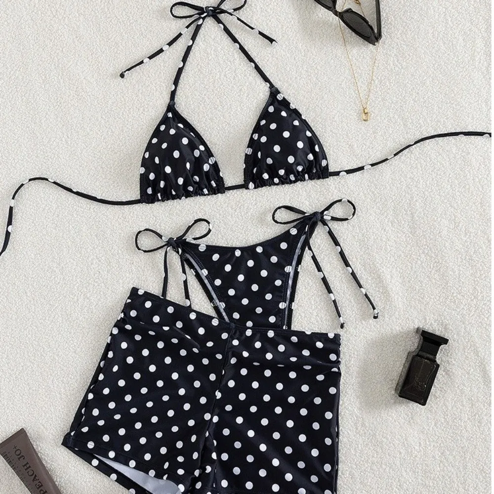 3pcs Beachwear Clothing Halter 3-Piece Swimwear Deep V Lace Up Women Swimsuit Slim Fit Dot Print Bathing Suits Beach Wear