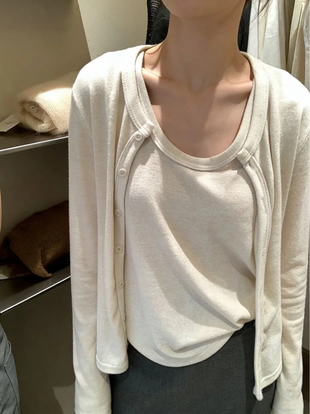 

Casual Thin Outerwear Top Women's New Style U-Neck Vest Inner Fashion Set Spring Season High Waist Pants Two-Piece Set
