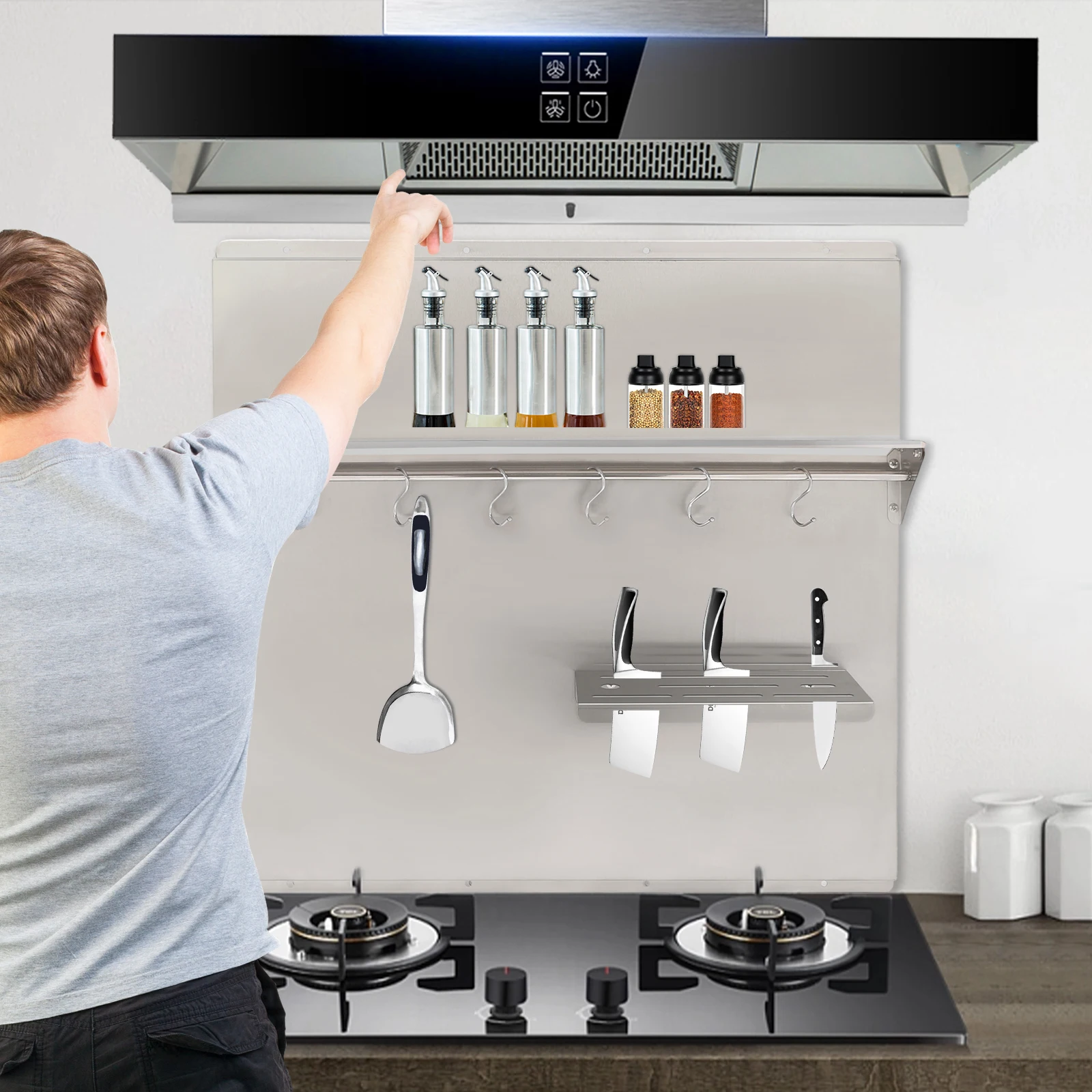 

Range Hood Backsplash Range Hood Wall Shield Stainless Steel Splash Plate for Range Hood 6 Hooks