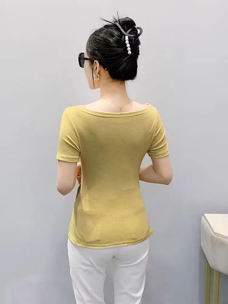 2025 New Arrival Shinny Silk Art T-shirt Spring Summer Woman Simple Short Sleeve Asymmetrical Solid High Street Bottoming Cotton