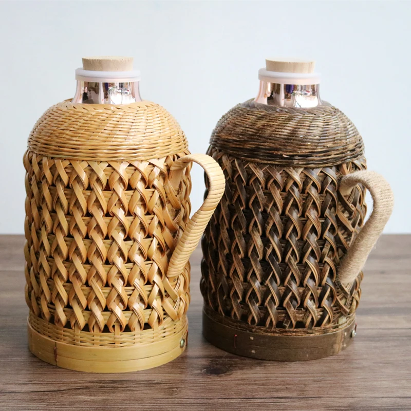 

Ретро бамбуковый тканый горшок для горячей воды, стеклянный внутренний резервуар, старая изолированная бутылка для чайной комнаты, удобный фиолетовый бамбуковый горшок для домашнего использования