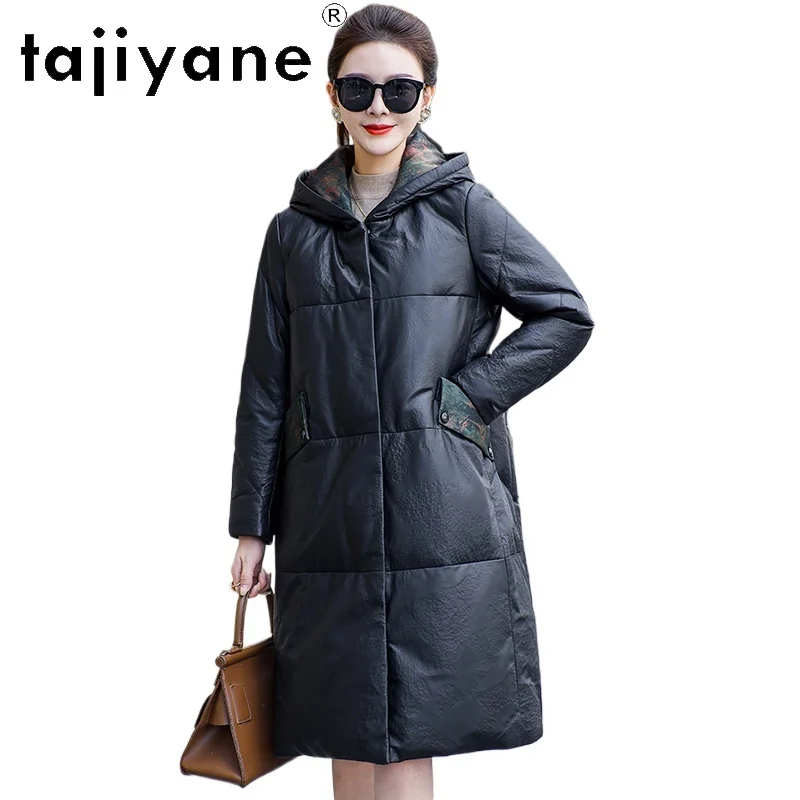 TAJIYANE 100% جلد الغنم سترة منفوخة المرأة مقنعين الأبيض أوزة أسفل معاطف فاخرة حقيقية سترات من الجلد 2025 ملابس امرأة كورت #1