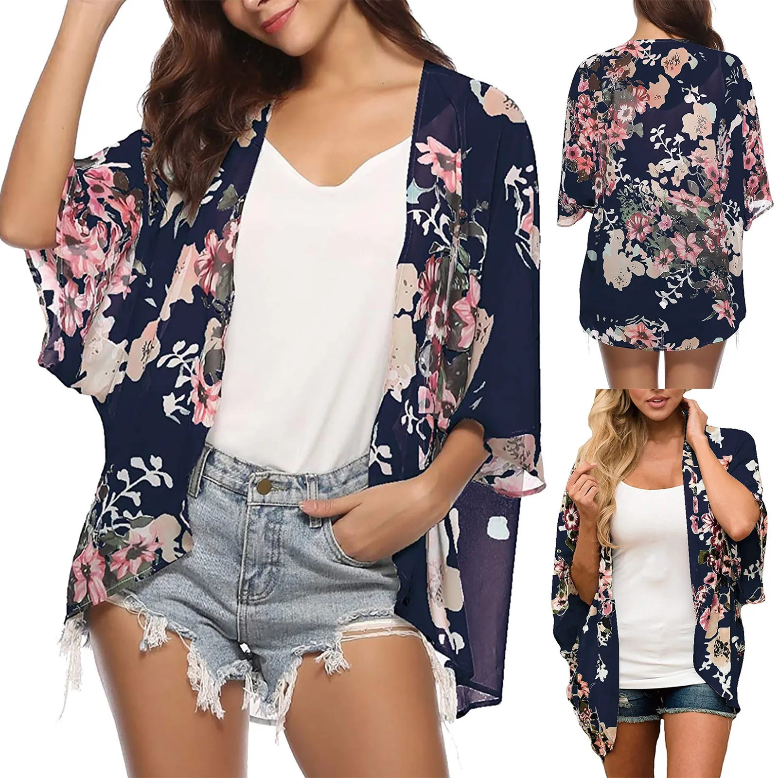 Women\'s Plus Size Floral Print Lightweight Chiffon Kimono Cardigan Short Sleeve Loose Beach Wear Cover Up Blouse Top