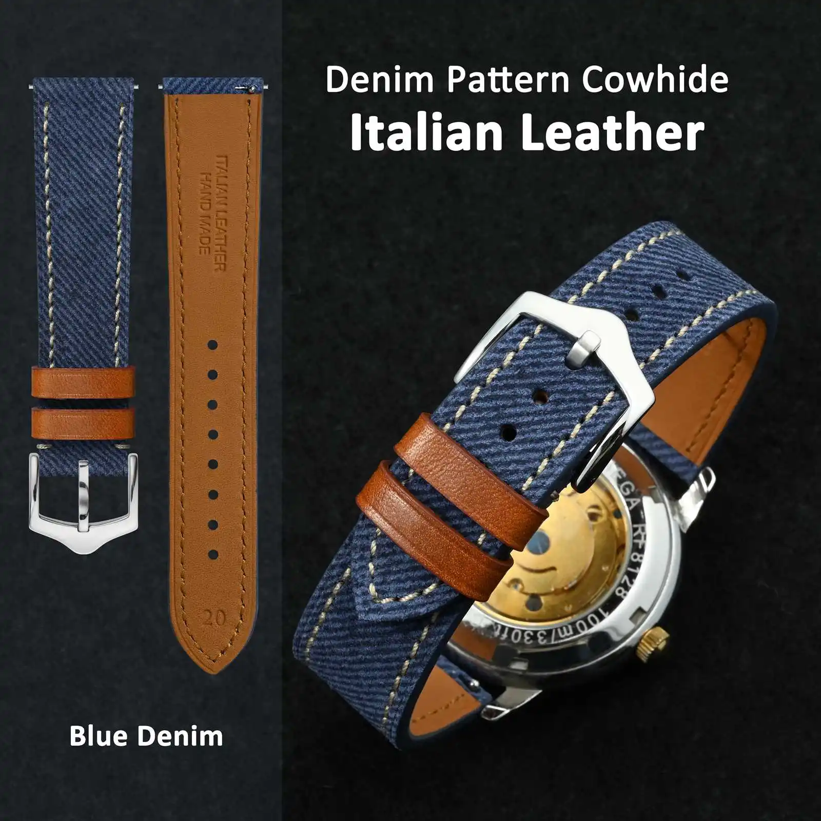 WOCCI Denim Pattern Watch Band, Italian Leather, Taper Stainless Steel Buckle, Strap Width 18mm 20mm 22mm