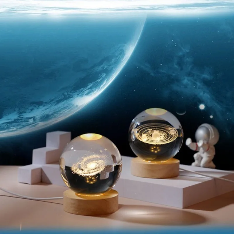 

Decoration Solar System Lunar Astronaut Wood Base Student Gift Light 3D Laser Engraved Luminous Crystal Ball Glass Night Lights