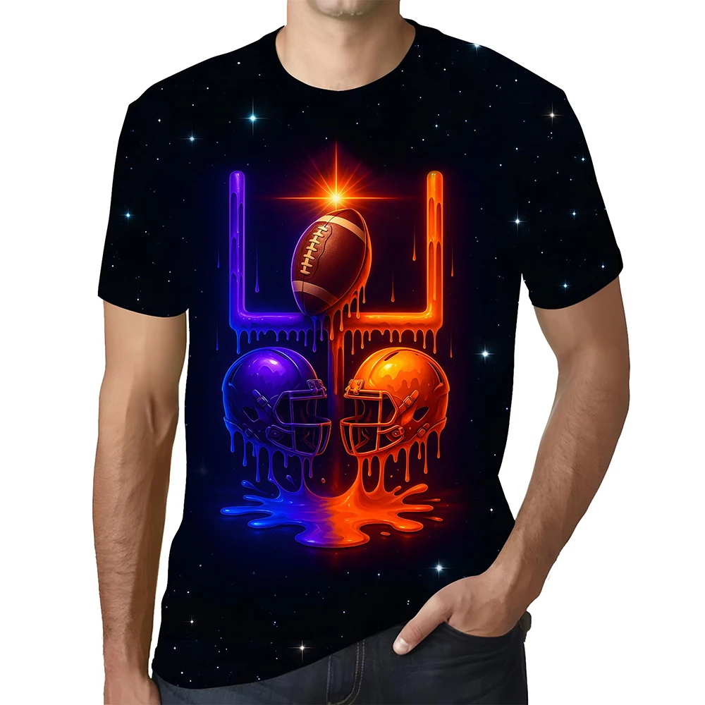 Men Soccer Graphic T-Shirt Neon Drip Print Short Sleeve O-Neck Tee Galaxy Starry Background Football Fan Streetwear Tops