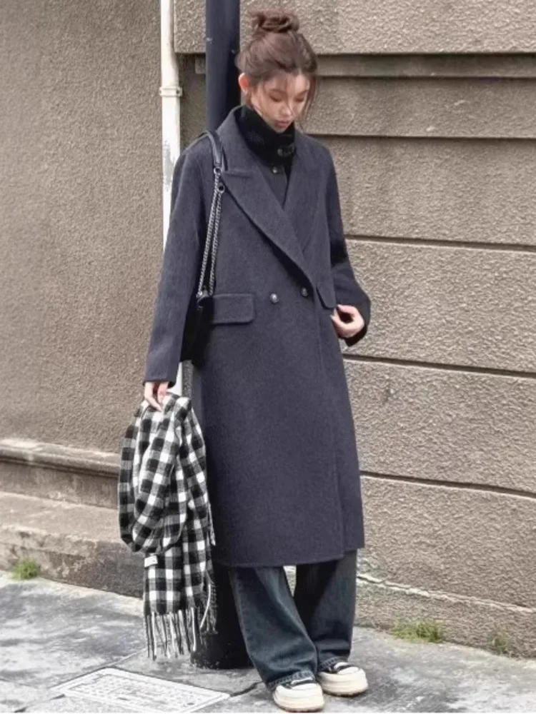 ZMEENNA Klassieke grijze wolmix lange jas met dubbele rij knopen, revers en zakken voor dames, stijlvol voor dagelijks gebruik ZM3498