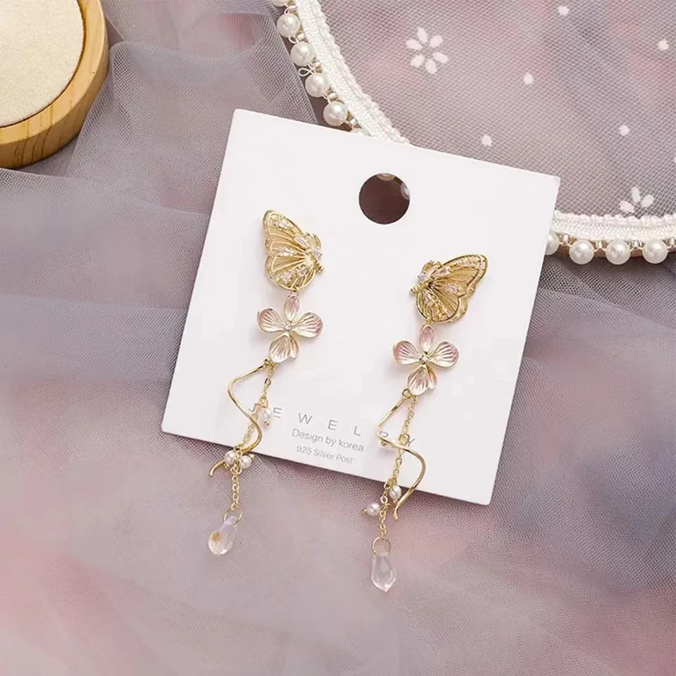 Korean Elegant Butterfly Earrings For Women Exquisite Crystal Zircon Long Tassel Flower Drop Earrings Girls Temperament Jewelry image 3