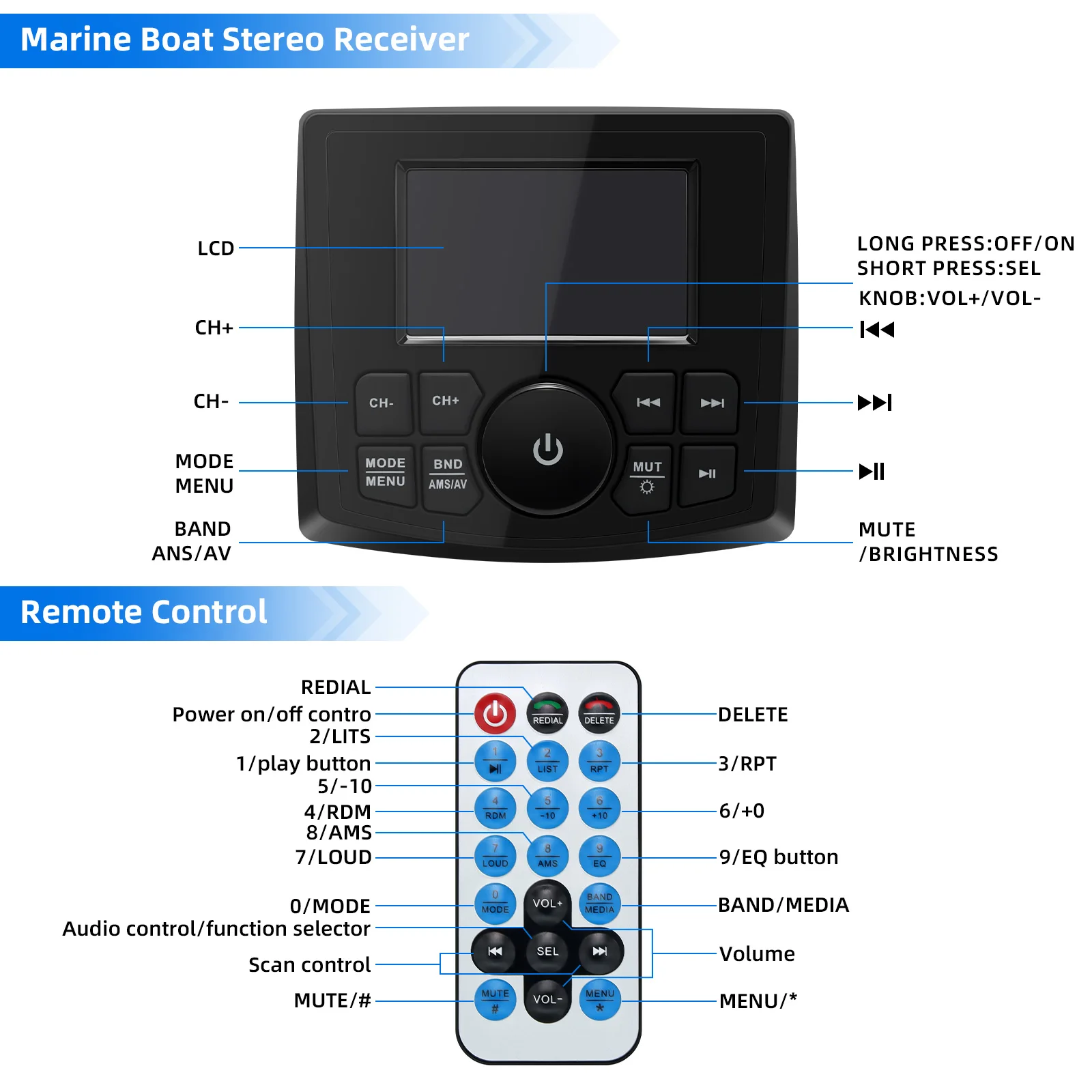 Marine Stereo Radio MP5 Media Video Display Player Bluetooth-compatible Speaker For Boat Yacht ATV UTV SUV Waterproof Player