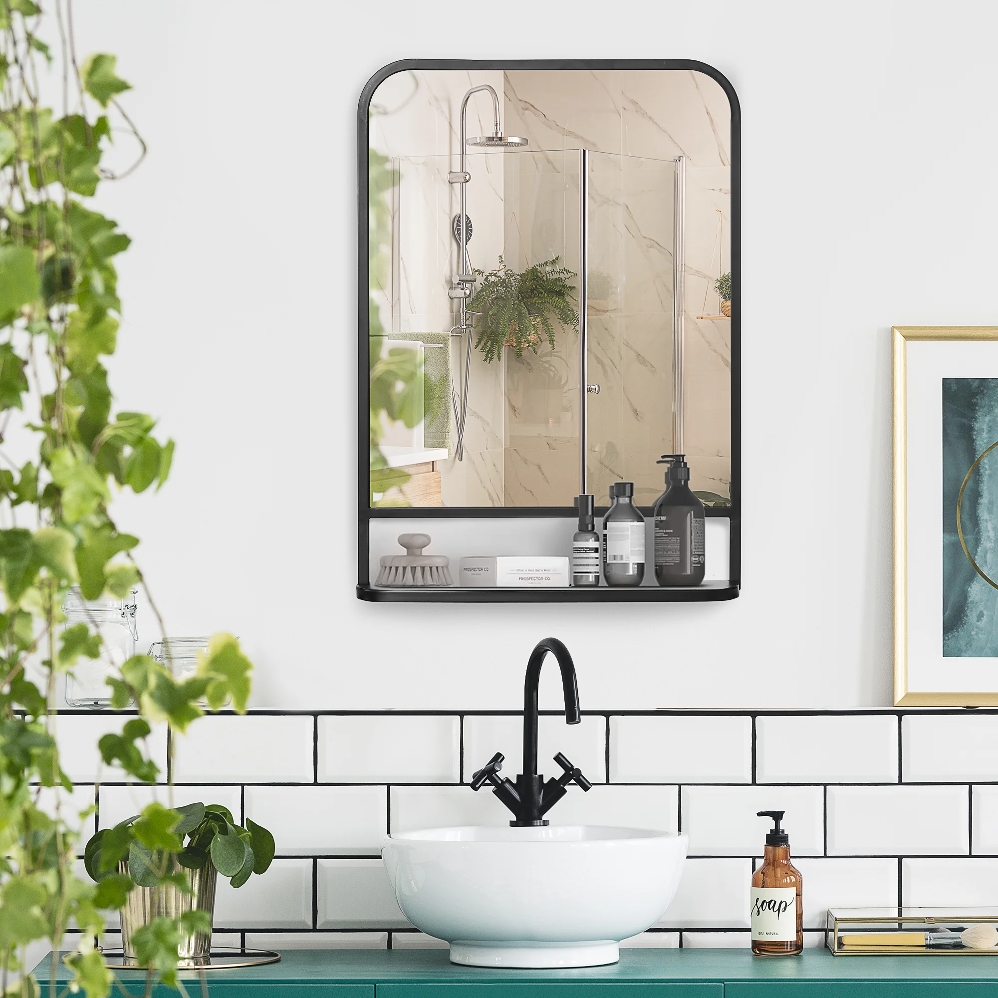 HOMCOM Wandspiegel 70x50cm Hangende Spiegel Moderne Woonkamerspiegel Rechthoekige Decoratieve Spiegel met Bevestiging voor Entree Slaapkamer Elegant Metaal Zwart