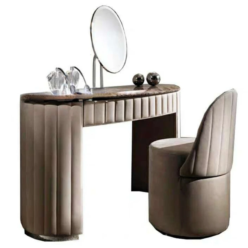 

Light Luxury Dressing Table Hong Kong Style Simple Post-Modern Stainless Steel Metal Marble Makeup Table and Chair