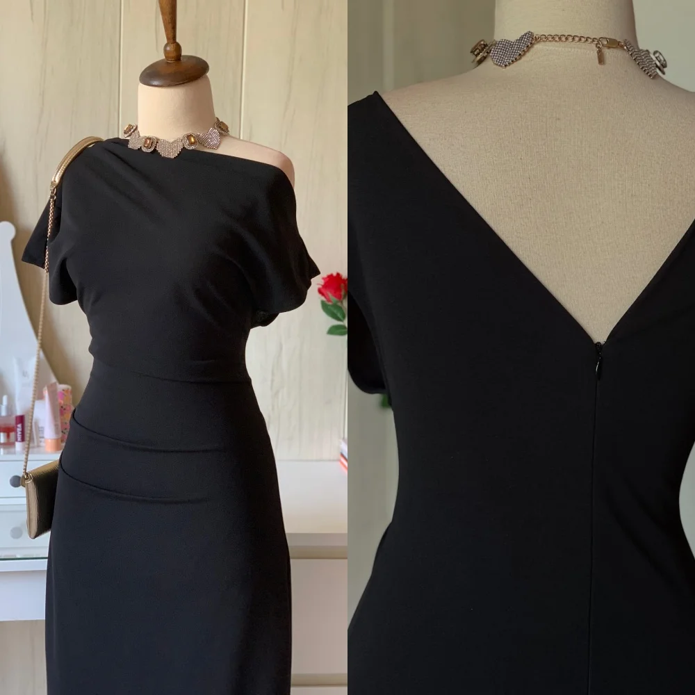 

Customized Simple Off the Shoulder Sleeveless Evening Dress Delicate Jersey Prom Dresses Temperament Black Homecoming Gowns
