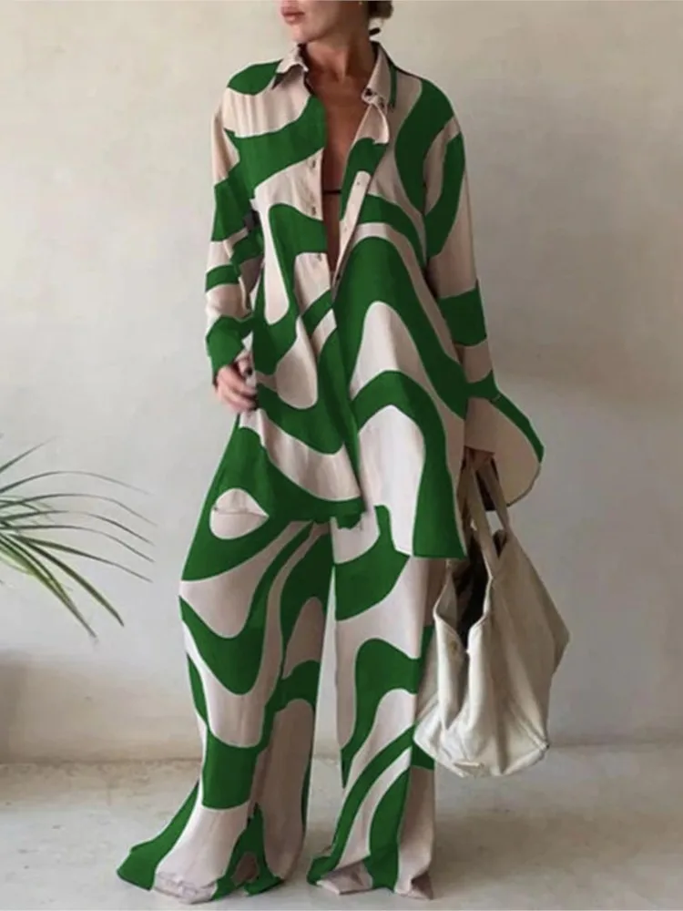 Autumn New Women's Fashion Printed Suit Loose Long Sleeved Button Up Shirt With Straight Leg Jumpsuit Dress For Casual Vacation