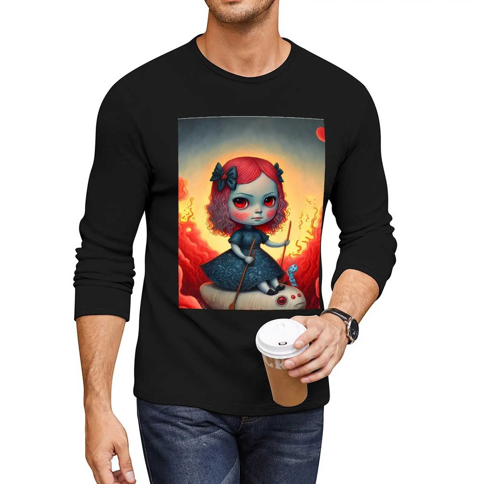 Voyage of the Crimson Waves - Surreal Doll in a Fiery Fantasy World Long T-Shirt quick drying t-shirt funny t shirts for men