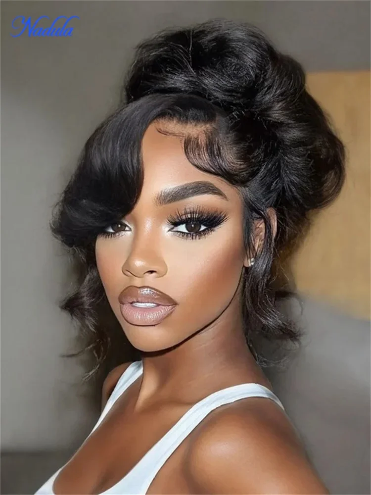 Nadula 13x4 Pre Everything™ Glueless Human Hair Wig Loose Wave Side Part Face-Framing Pre Cut Transparent Lace Front Human Hair Wig Pre Bleached Knots Pre Plucked Drawstring Glueless Wig Ready to Wear Suitable For All Heads Size
