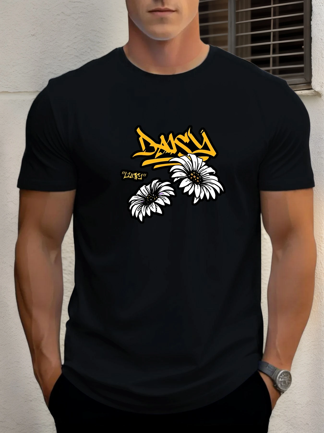 

T Shirts For Men Daisy Graffiti 100% Cotton Graphic Printing Summer Round Neck T-Shirt Casual Breathable Street Style Daily Top