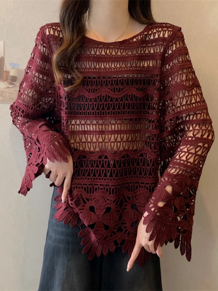 

SMTHMA новый весенний пуловер, топ, женский свободный дизайн, утягивающая кружевная блузка с длинными рукавами для женщин, одежда