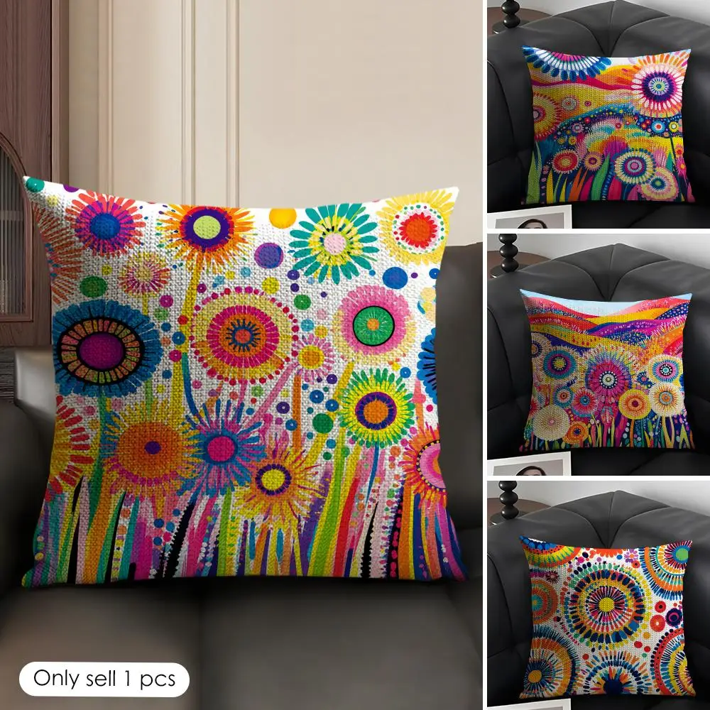 Vibrant Floral Art Cushion Cover Natural Linen Organic Fabric Double-Sided Printing Breathable Perfect Gift For Decor
