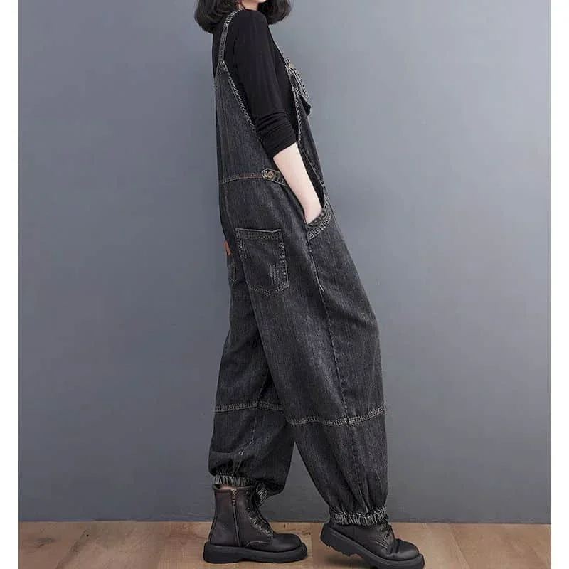 Celana Kodok Denim untuk Wanita Celana Panjang Pergelangan Kaki Solid Pakaian Satu Potong Baju Monyet Wanita Longgar Fashion Korea Kasual Vintage Overall
