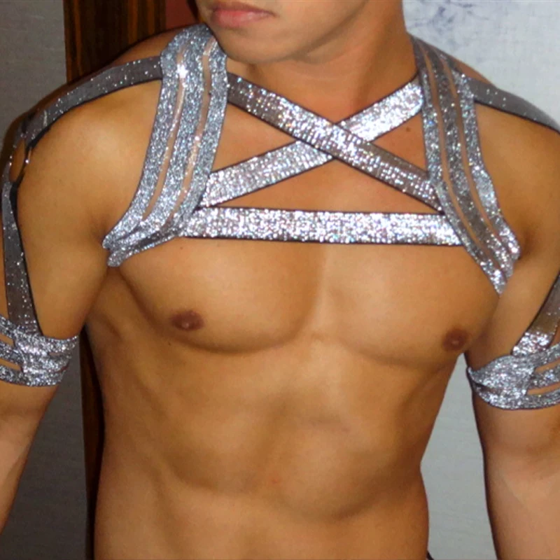 

Muscle Man Pole Dance Clothes Silver Stretch Chest Strap Nightclub Bar Ds Party Rave Wear Male Gogo Dance Accessories VDL3237