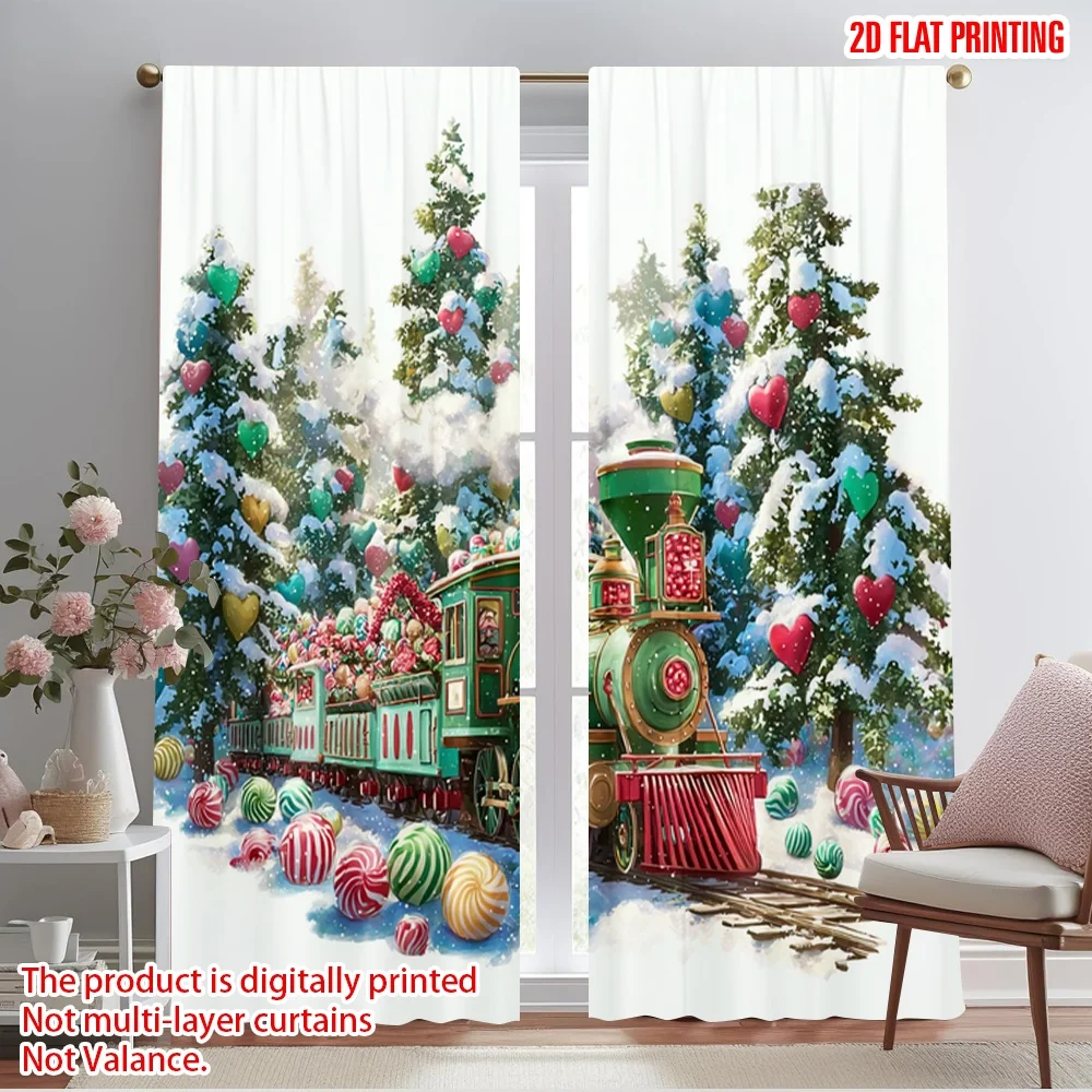 2pcs,2D plane printing Curtain Popular Christmas Candy Train 100% Polyester (without rod) Home Decor Ldeal for Living Room &