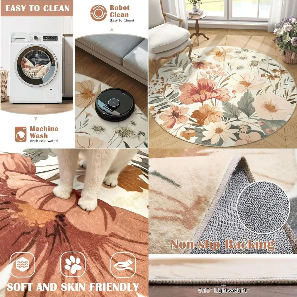 

5ft Round Washable Modern Floral Area Rug, Pink/Grey for Living Room, Dining Room, Bedroom, Entryway, Office