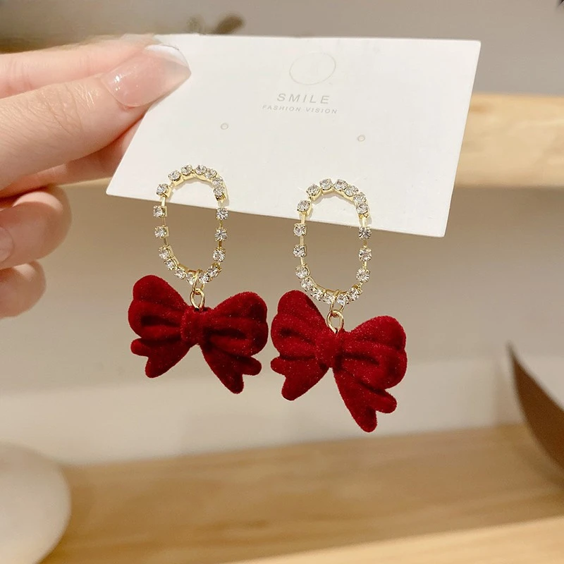 Vintage Red New Christmas Flocking Earrings for Women Bow-knot C-Shape Pearl Rhinestone Drop Earring Jewelry Party Gift 2025