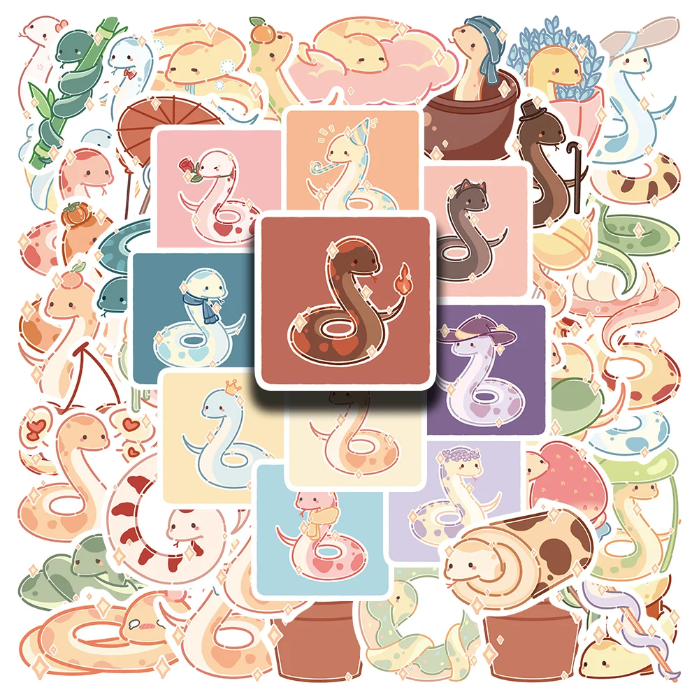 Cute Vinyl Snake Adesivos, Decalques Kawaii para Garrafa De Água, Laptop, Skate, Scrapbook, Bagagem, Brinquedo Infantil, Desenhos Animados, 50Pcs