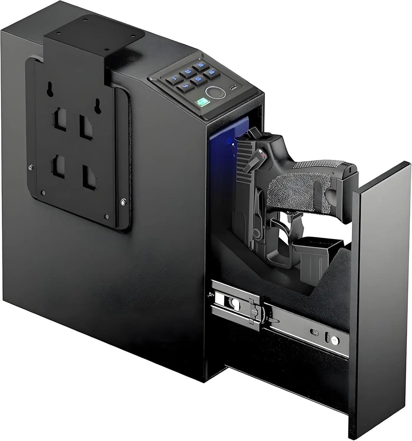 Biometric Fingerprint Mountable Gun Safe, Passcode, Keys and Quick Access Auto Pop，Gun Safe for Nightstand, Desk, Bed Side