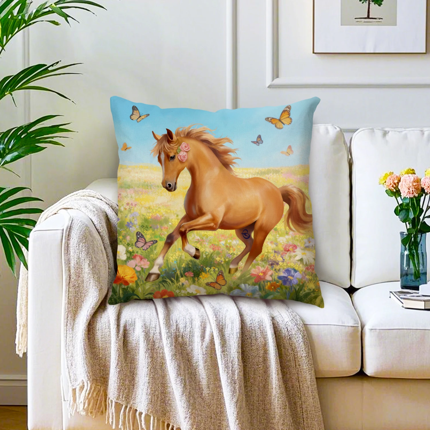 Horse Animals Cushion Cover Wildflower Floral Meadow Butterfly Decorative Throw Pillows Case Farmhouse Decor Sofa Couch Bedroom