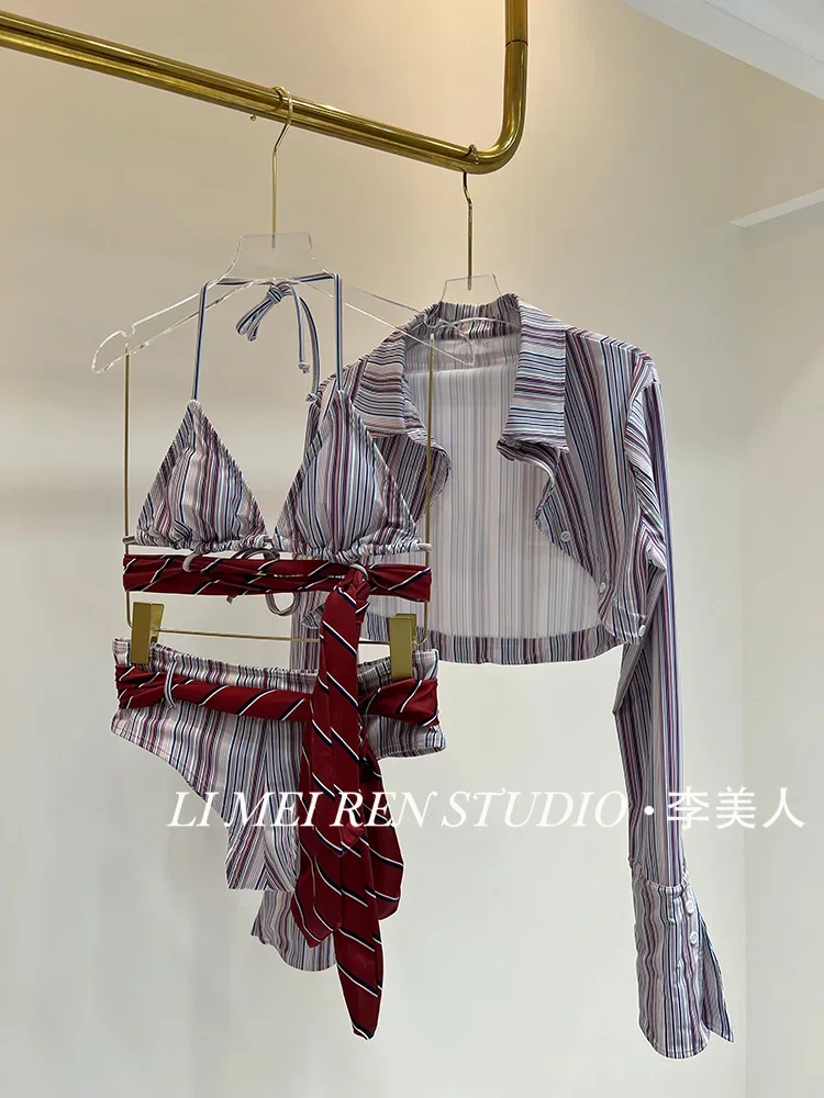 New Holiday shirt striped tie bikini split top swimsuit women's three piece set