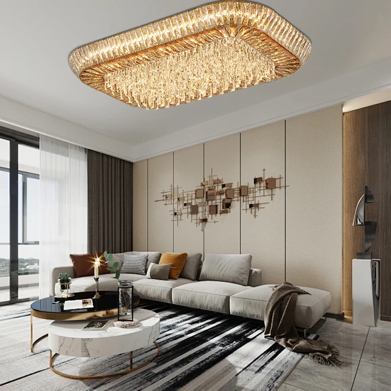 2025 Vintage Luxury Amber Crystal Ceiling Light Rectangle Living Room Foyer Large Ceiling Chandelier Home Decoration Lighting