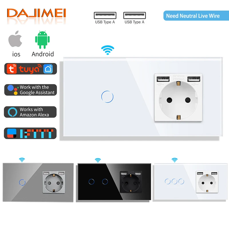 DAJIMEI Tuya Smart Touch Switch 1/2/3Gang Wifi Light Switch and Normal EU Wall Dual USB Socket Smart Life Google Alexa for Home