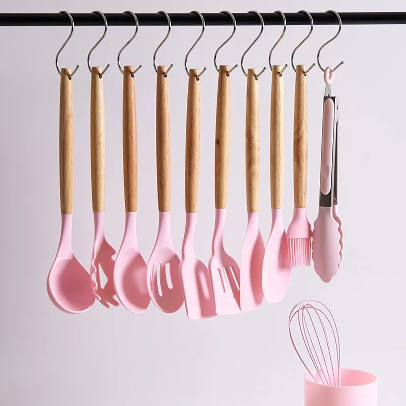 Silicone Kitchen Utensils Set with Wooden Handle, Cooking Gadgets, Plastic Holder, 12Pcs