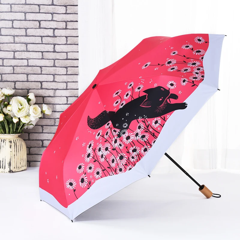 Chrysancreas cat three fold folding umbrella travel cute little fresh black rubber UV protection umbrella for men and women