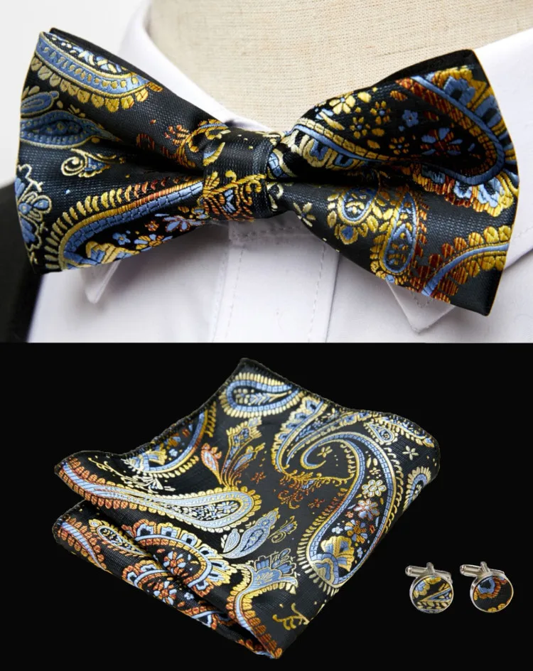 HUISHI Klassische blaue Fliege für Männer, Paisley-Blumenfliege, Einstecktuch, Manschettenknöpfe, Anzug-Set, Hochzeit, Party, kariert, solide Schmetterling – Detail 27