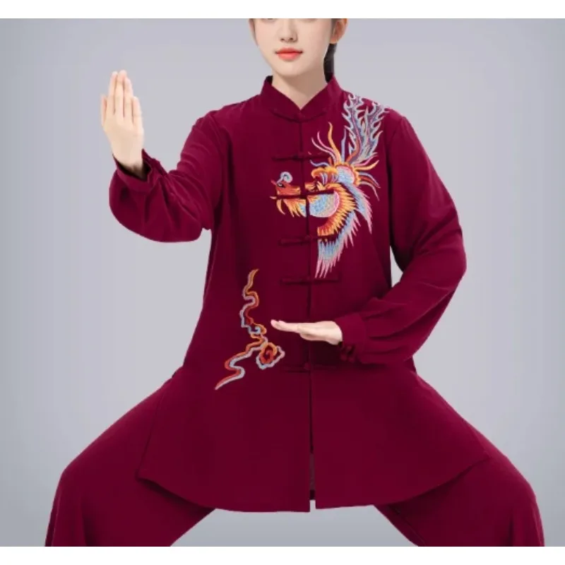 

2025 chinese vintage tai chi wushu kungfu tops+pants set martial arts tai chi national phoenix embroidery team performance set