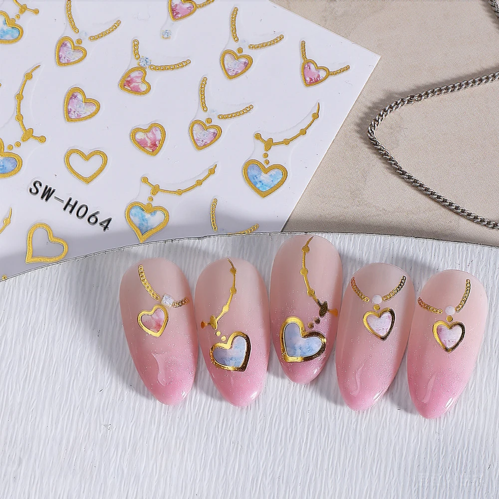 1Pc 3D Hanging Love Heart Nail Art Stickers Gold Line Heart Self-adhesive Nail Slider Valentine's Day Manicure Decoration