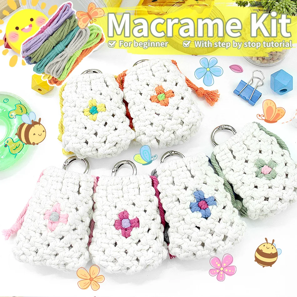 Boho Daisy Earphone Storage Bag Macrame DIY Kit Polyester Handmade Woven Pouch Multicolor Portable Key Ring Craft Set for DIY