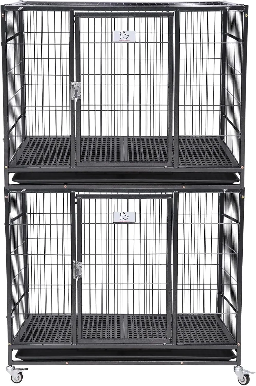 Pet Stackable Open Top Heavy Duty Dog Pet Cage Kennel w/Tray, Floor Grid, and Casters (2 Tiers)