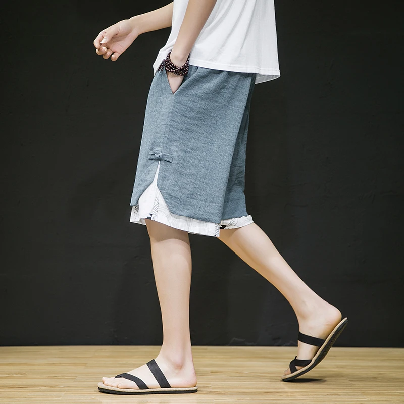 

Свободные льняные хлопковые рта, мужские летние тонкие спортивные брюки в стиле ретро с пятью точками, повседневные брюки с прямыми штанинами, молодежные брюки для активного отдыха