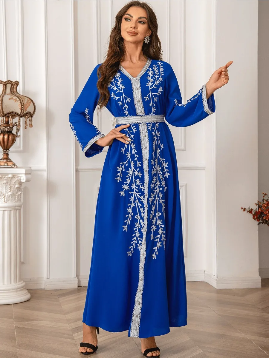 Eid Muslim Dress for Women Abaya Embroidery V Neck Abayas Dubai Jalabiya Party Dresses Kaftan Vestidos Largos Long Robe 2024