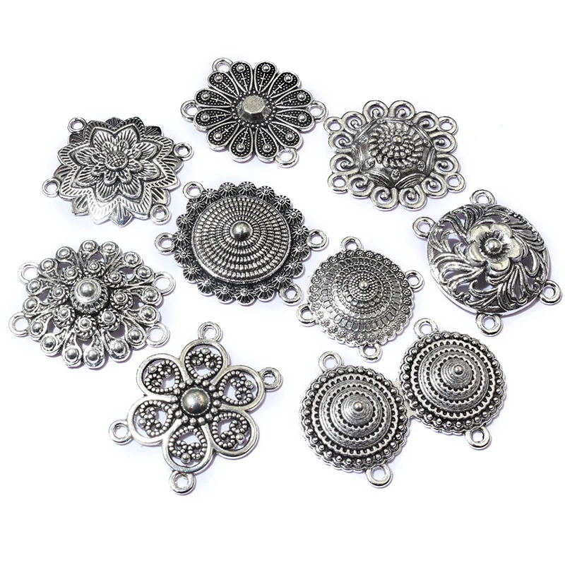 10pcs Antique Silver Plated Boho Vintage Flower Connector Charms Pendant DIY Jewelry Making Accessories Findings 
