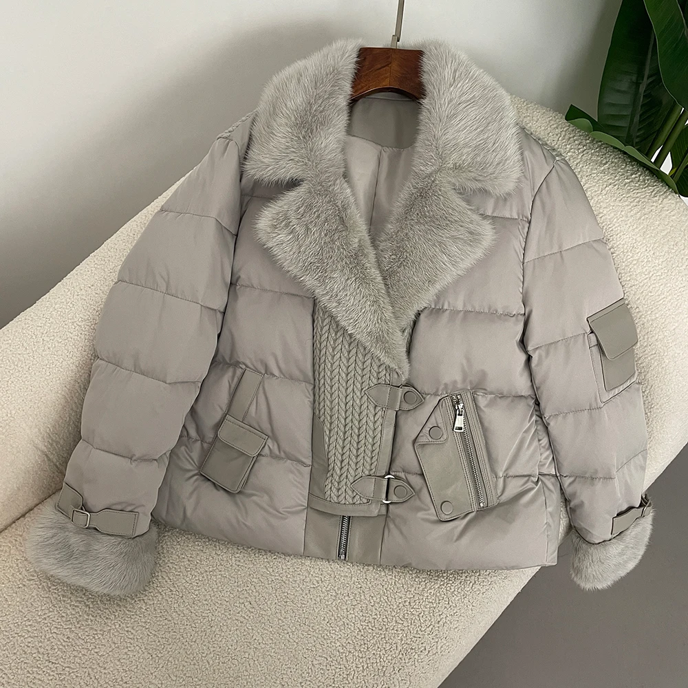 Autumn/Winter 2024 New 90 White Goose Down Jacket New Mulberry Silk Women\'s Short Mink Collar Thick Warm Fur Coat